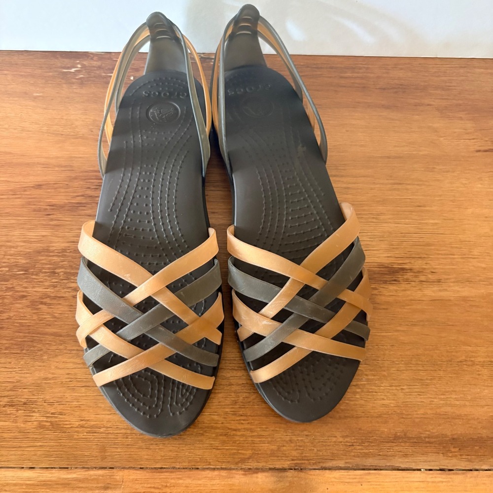 Crocs Huarache Jelly Strappy Brown Flat Sandals Womens 10 Bronze Multi Strap